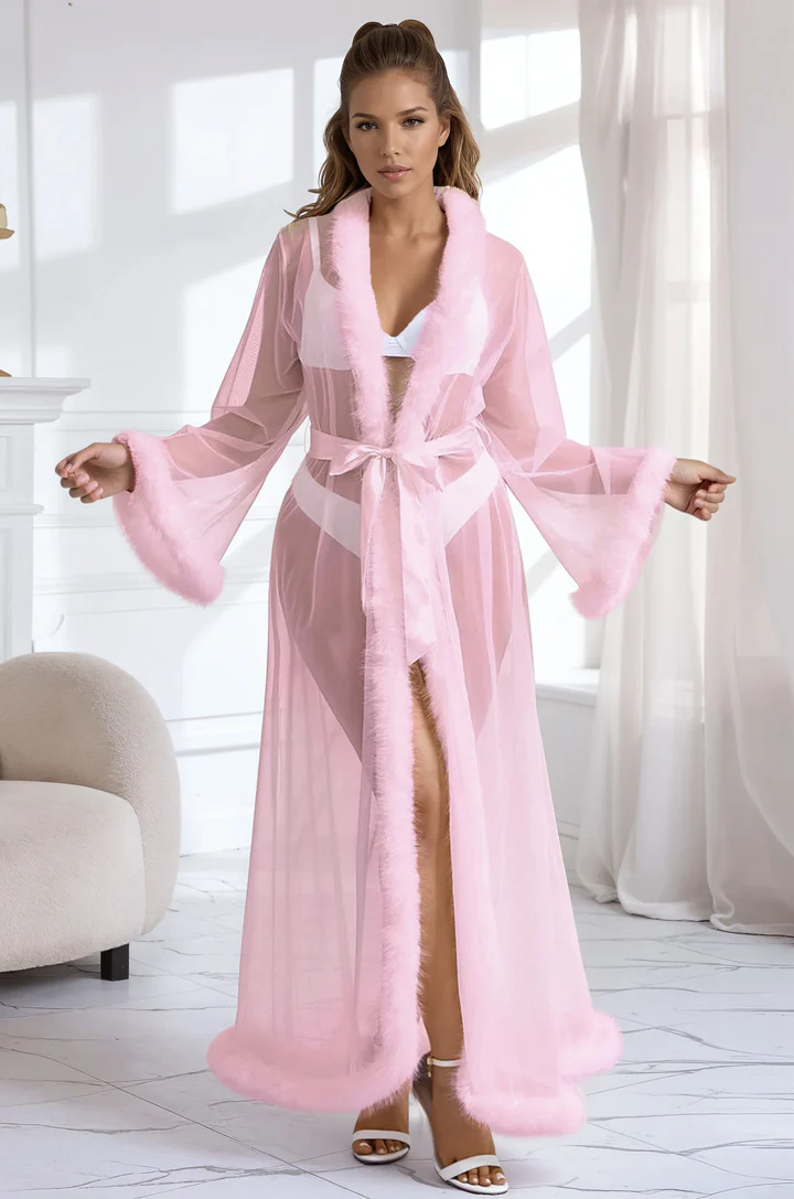 Sexy Mesh And Faux Fur Trim Robe – view 1 of 5