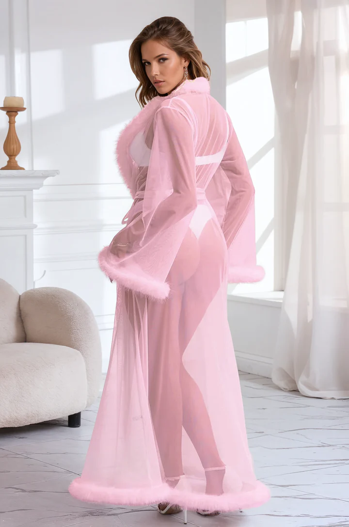 Sexy Mesh And Faux Fur Trim Robe – view 3 of 5